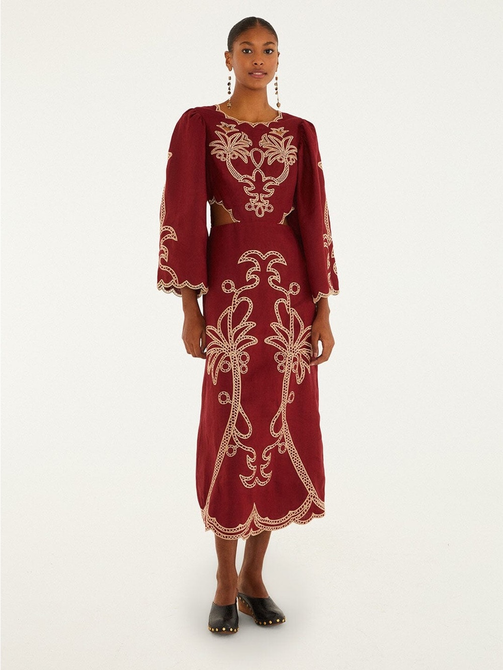 NWT FARM RIO Long-Sleeve Cutout Embroidered Midi Dress